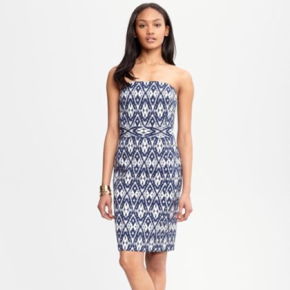 Banana Republic Ikat Navy Blue Ivory Mini Strapless Zip Up Dress EUC Like New 4